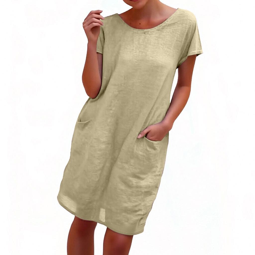 Women's Casual Color Stitching Short Sleeve Round Neck Large Swing Loose Pocket Cotton And Linen Dress