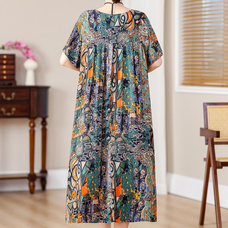 Plus Size Loose Vintage Print Langes Kleid für Damen Lässige Kurzarm-Sommer-Damenkleider