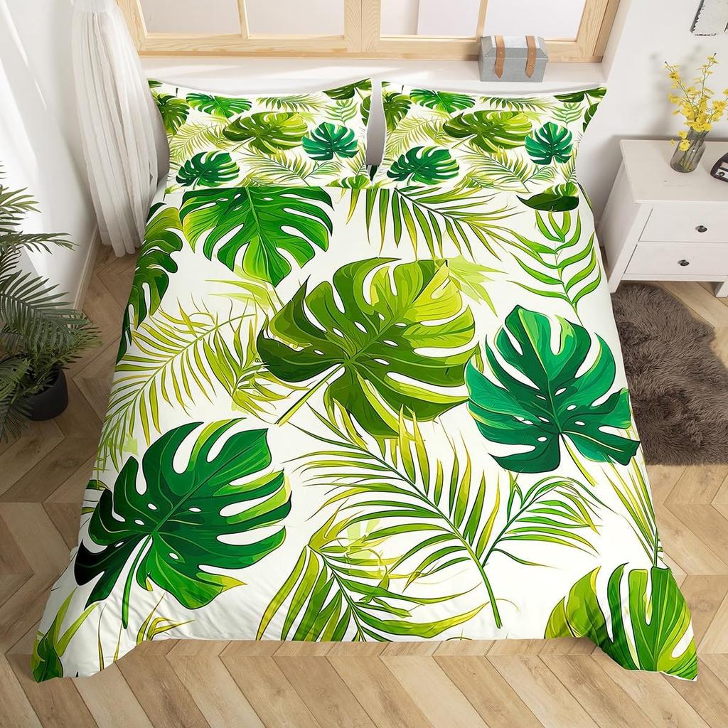 Tropical Botanical Duvet Cover Gold Palm Tree Leaf Comforter Cover King Jungle Nature Theme Watercolor Plant Leaves Bedding Set