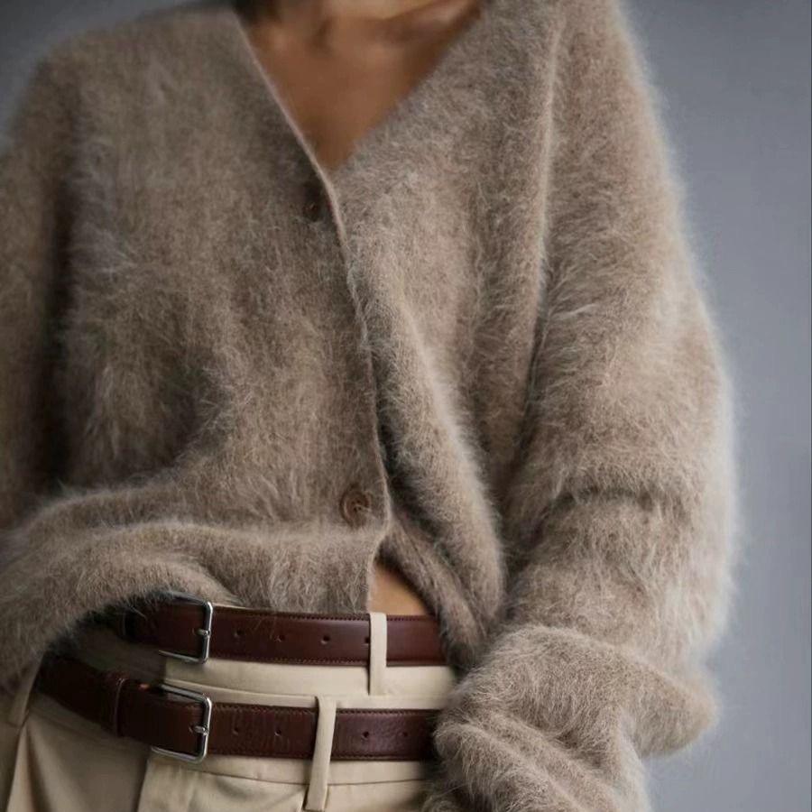 Imitation Mink Knitted Sweater Cardigan European, American Autumn and Winter Lazy Loose Long-sleeved V-neck Sweater Jacket Women