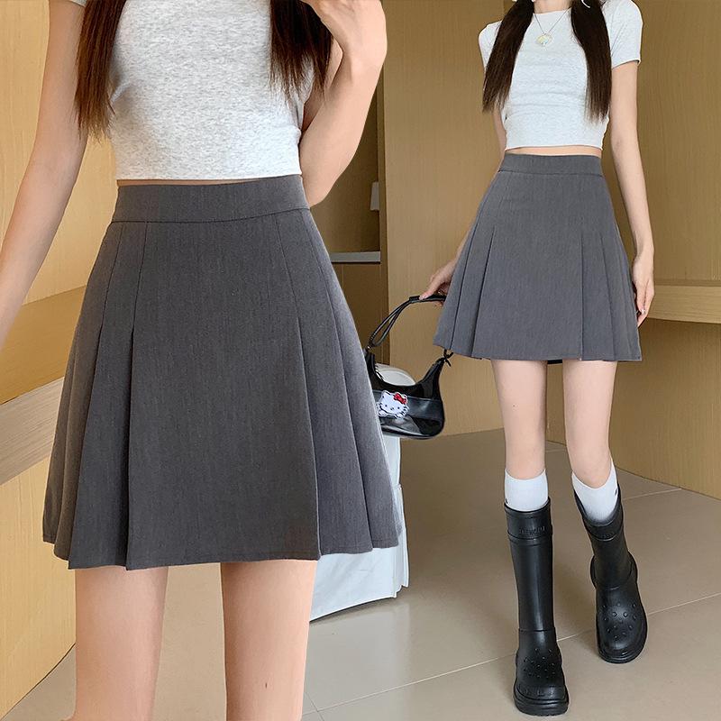 2024 College Style High Waist A-Line Pleated Midi Skirt for Plus Size Pear-Shaped Bodies