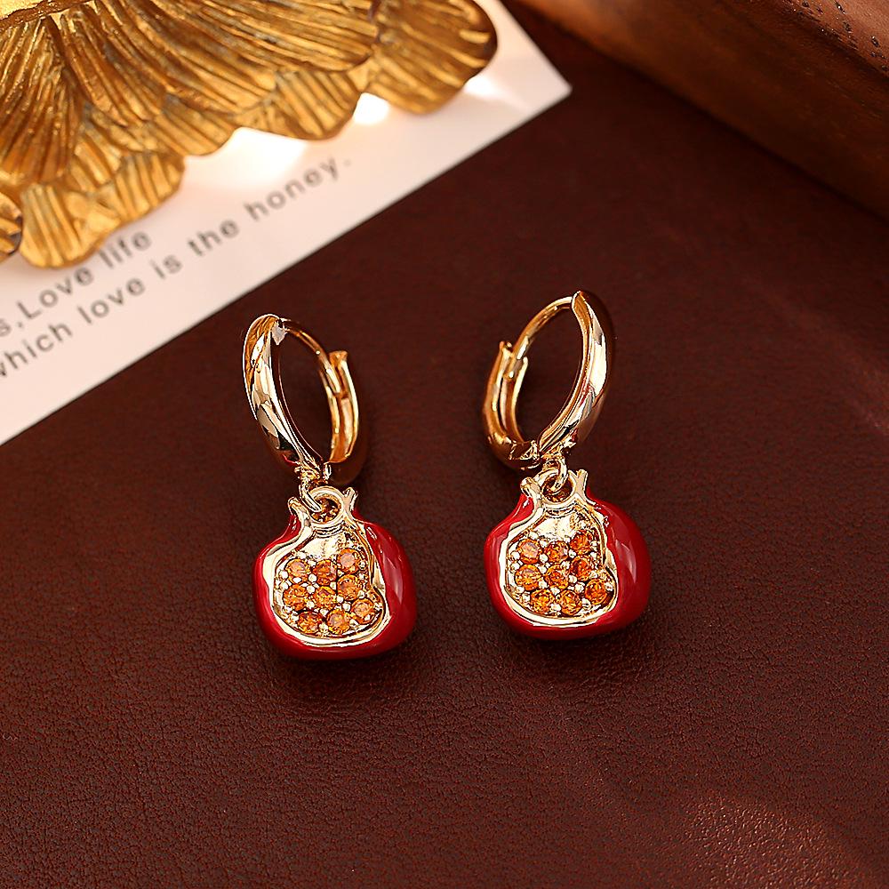 Festive Red Pomegranate Zircon Pendant Necklace & Enamel Bracelet with High-End Earrings Set
