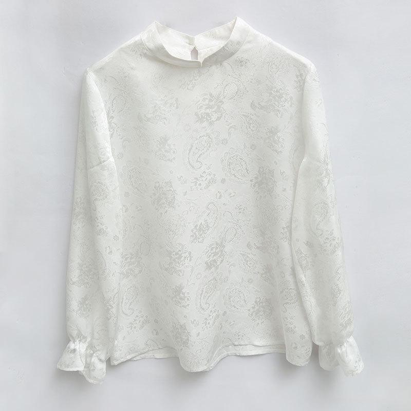 

Женская блузка в китайском стиле из шелкового жаккарда с цветочным узором, воротником «лолита», однотонная, свободного кроя, с длинным рукавом XXL белый