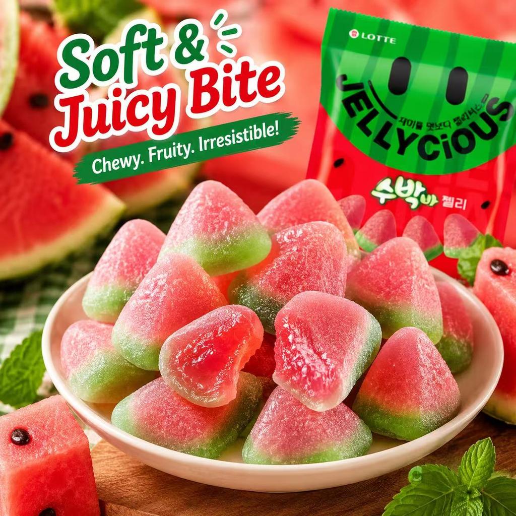 Lotte Wassermelonen-Weichbonbons 56g | Süßer saftiger Geschmack, Elastische kaubare Textur, Praktische kleine Packung