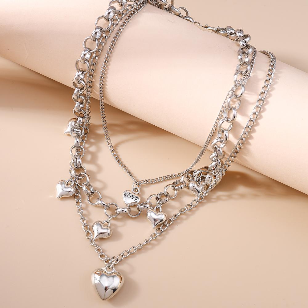 New Silver Color Love Heart Pendant Necklace Multilayer Choker Necklaces Chain for Women Metal Punk Jewelry Gifts