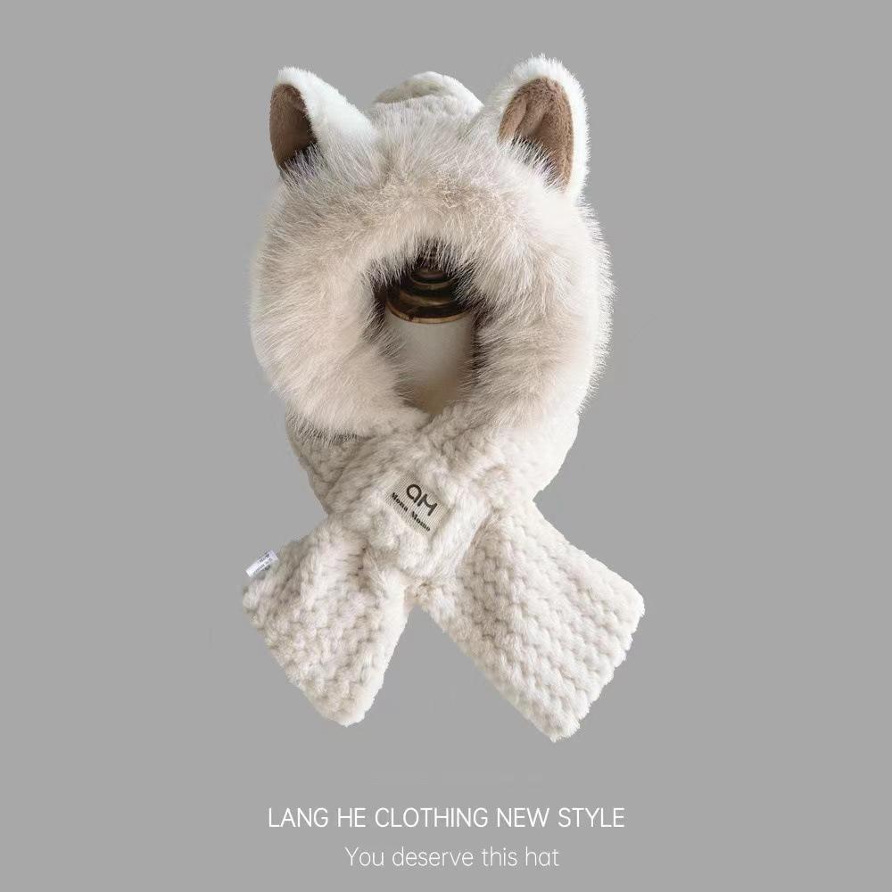 New cute plush hat and scarf two-piece set with fox ears, hat and scarf in one piece