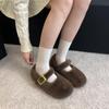 2025 Autumn and Winter New Square-headed Mink Fluff Fleece Guarantee One Word with Platform Ballet Beanie Women's Single Shoes Flat Bottom