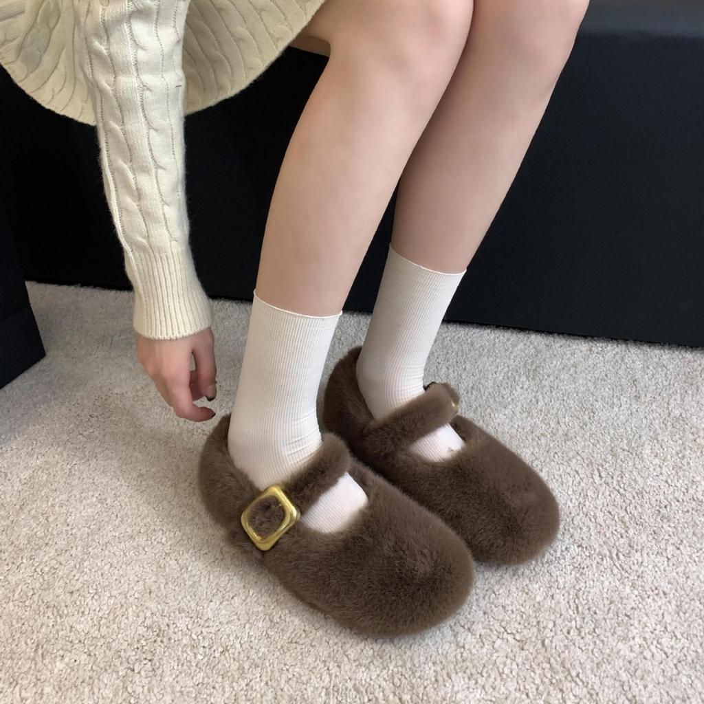 2025 Autumn and Winter New Square-headed Mink Fluff Fleece Guarantee One Word with Platform Ballet Beanie Women's Single Shoes Flat Bottom