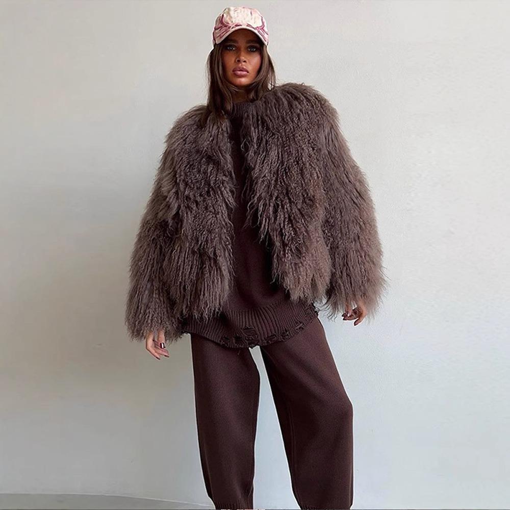 Damen Notched Collar Langarm Kunstpelzmantel Lockerer Sitz Ätherisches Fleece Oberbekleidung