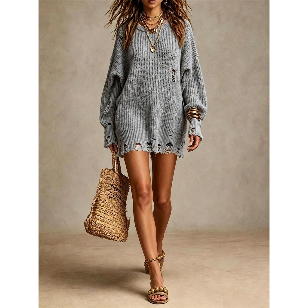 Damen Langarm Tunika Pullover Used Look Rissige Löcher Oversized Locker Gestrickt Jumper