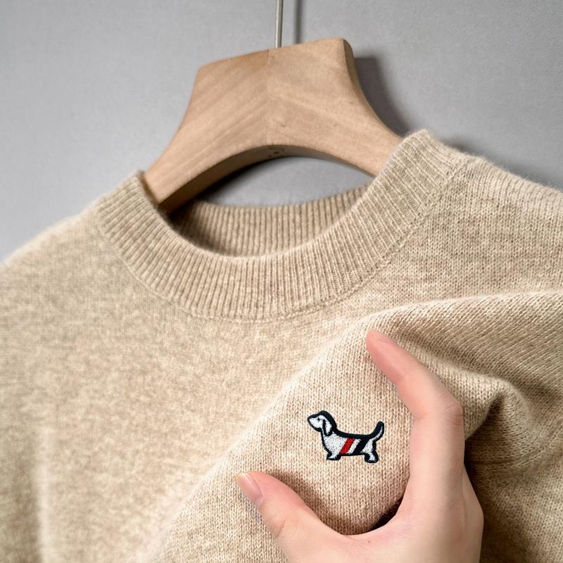 Men's O-Neck Pullover Knitwear Autumn Winter Solid Color Dog Print Warm Soft Fashion Casual Men'swear