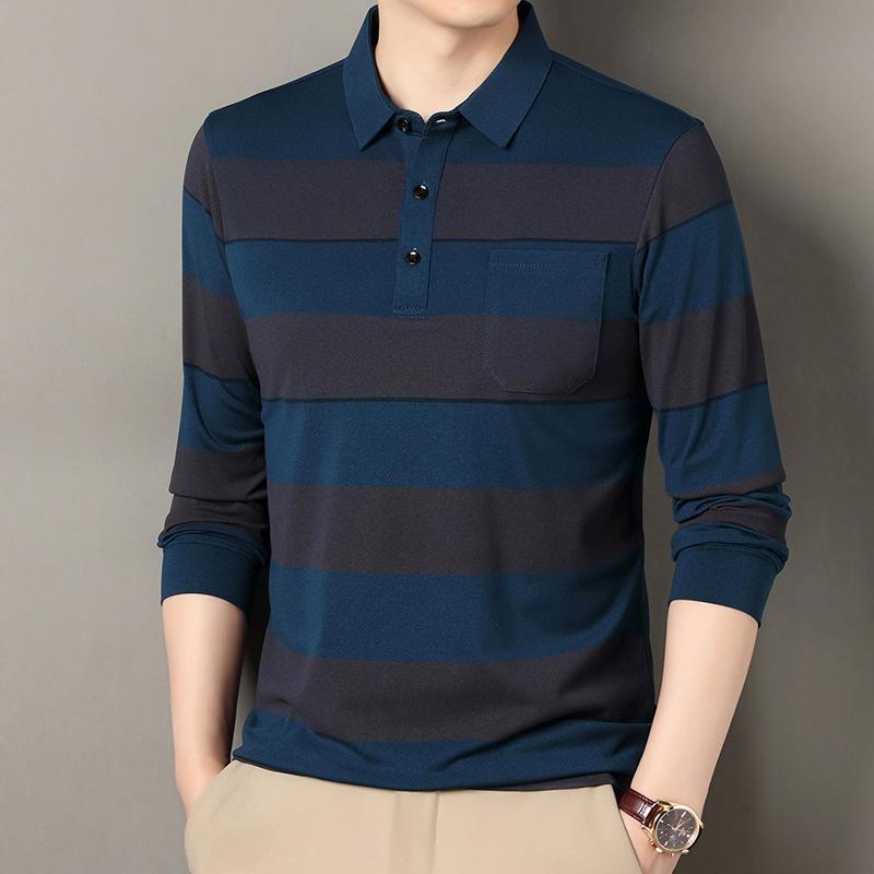 Men S Long Sleeve Striped Polo Shirt Pocketed Casual Top For Middle Aged