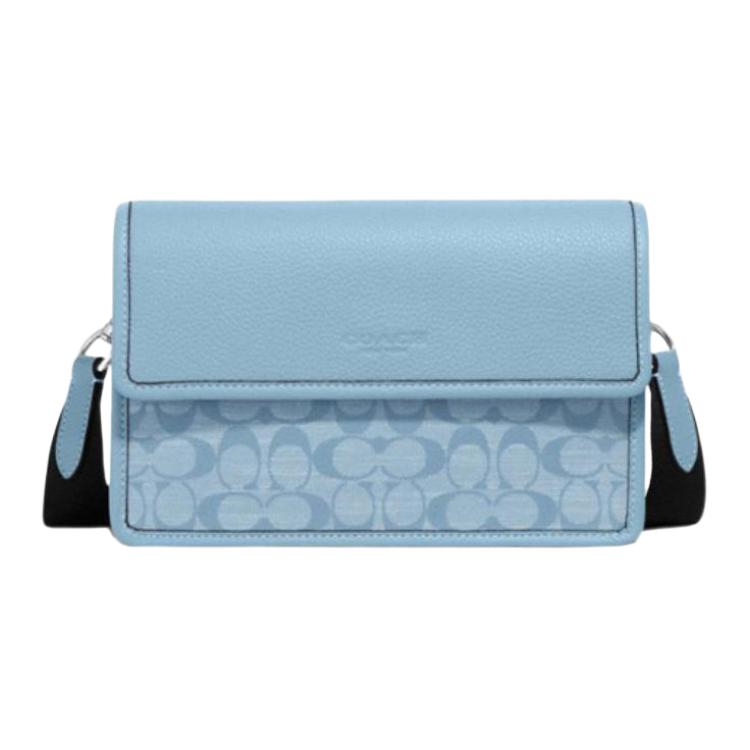 Coach Turner 25 Klassische Monogramm-Klappverschluss Chambray-Jacquard-Stoff und Leder Umhängetasche Damen Umhängetasche Hellblau CH828-SVLB
