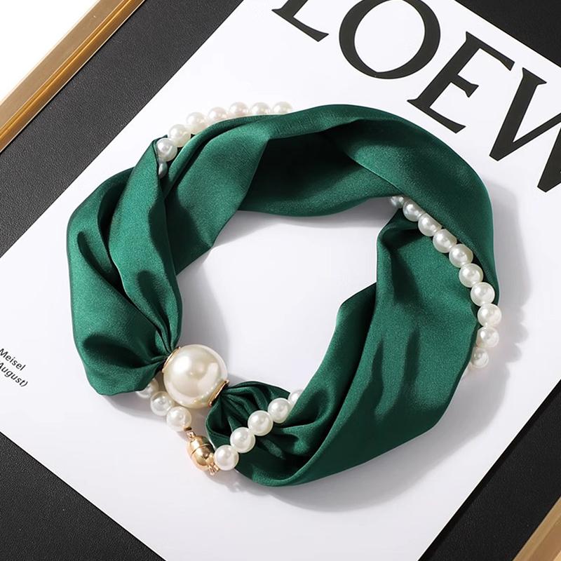 Elegant Satin Neck Scarf for Women with 2 in 1 Pearl Chain Necklace Buckle Lightweight Soft Shawl Gift for Party Office Wear