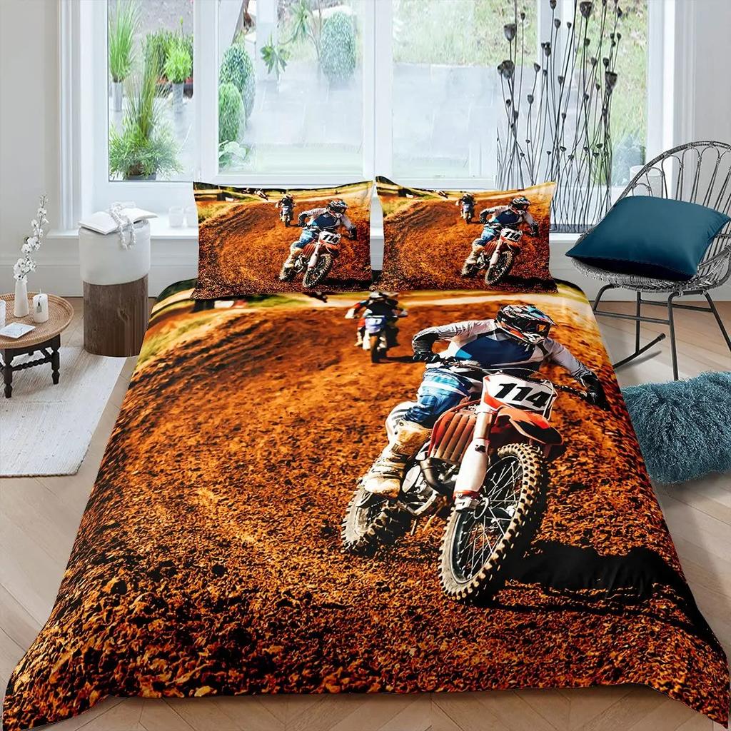 Motorsykkel Dynetrekksett Dobbel Størrelse Motocross Kjører Sengetøy Racing Motorsykkel Dirt Bike Ekstremsport Polyester Dyne Trekk