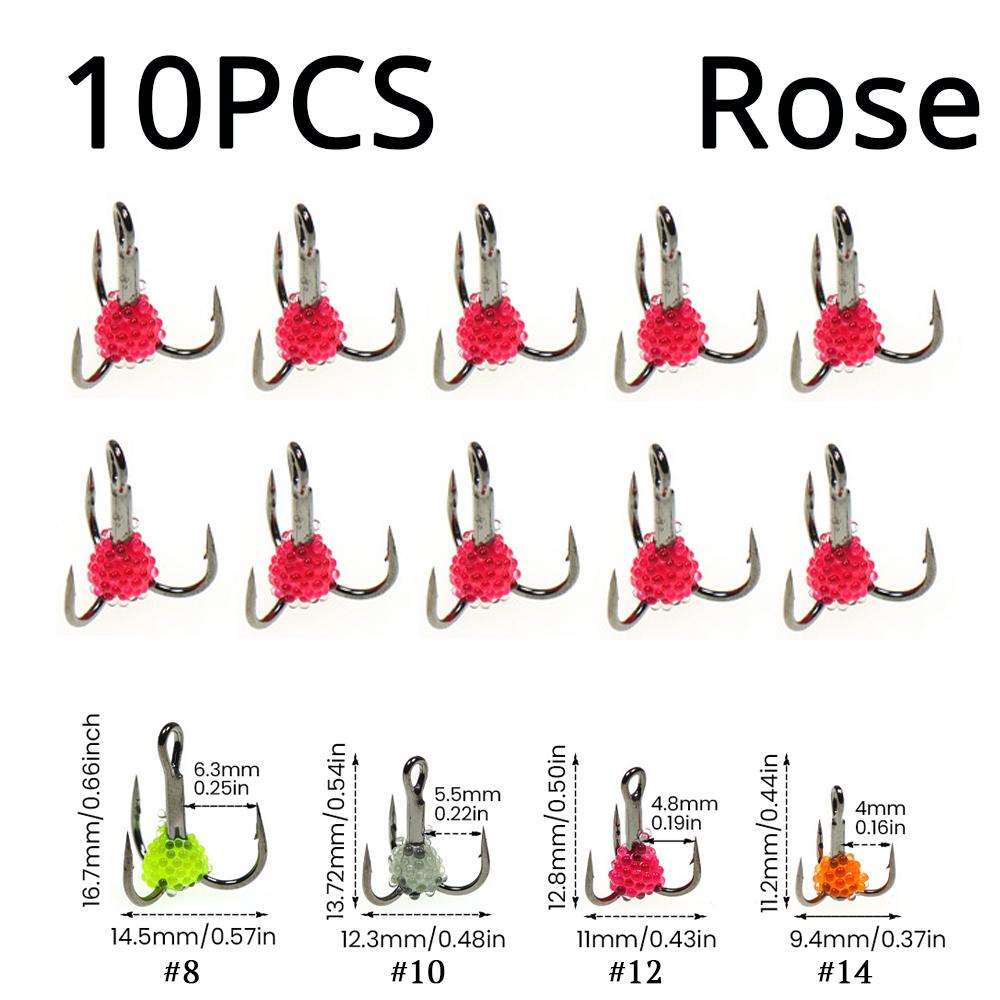ICERIO 10PCS Lifelike Egg Bead Treble Hooks Glow Ice Fishing High Carbon Steel Sharp Barbed Fishing Hooks for Trout & Salmon