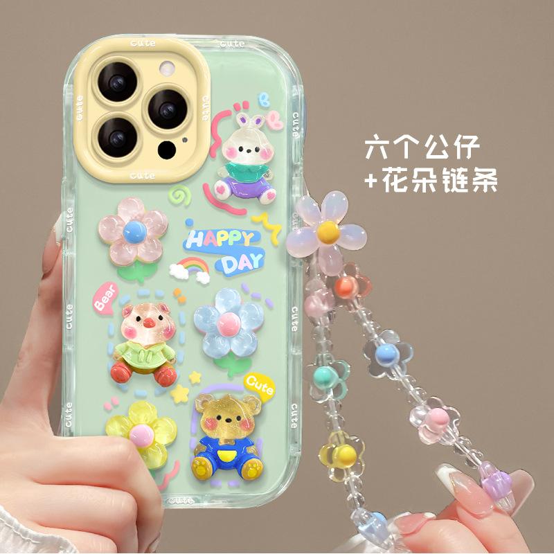 Rabbit flower doll bracelet for Apple 16e jelly mobile phone case 15promax cute cartoon 13 sweet 14