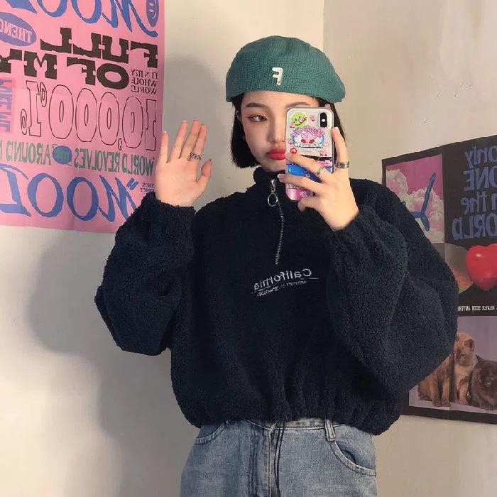 Autumn Spring Women Stand Neck Fleece Cropped Letter Embroidery Long Sleeve Drawstring Half High Neck Sweatshirt Elegant Plush Velvet Tops