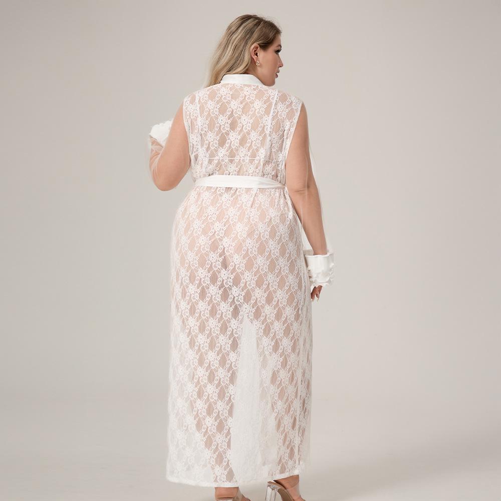 Yaoting Übergröße Damen Eisseide Spitze Langer Morgenmantel & Nachthemd (WP5014)