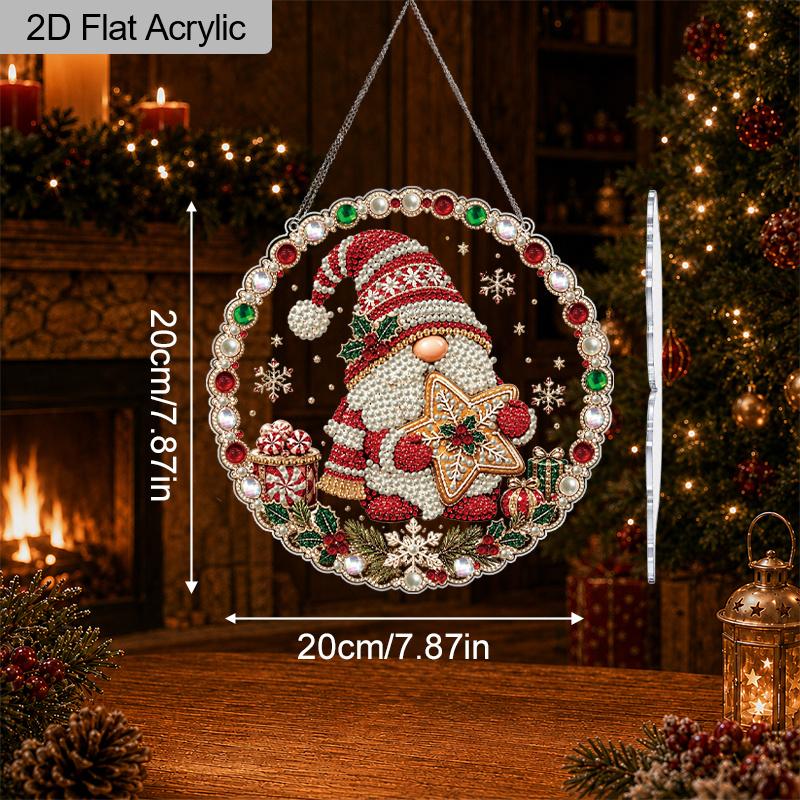 2D Flat Christmas Gnome Pearl Diamond Painting Hanging Ornament, 3D Mixed‑Sized Pearl Beads Craft Acrylic Hanging Kits, 9.72Inch/7.87Inch Two Sizes