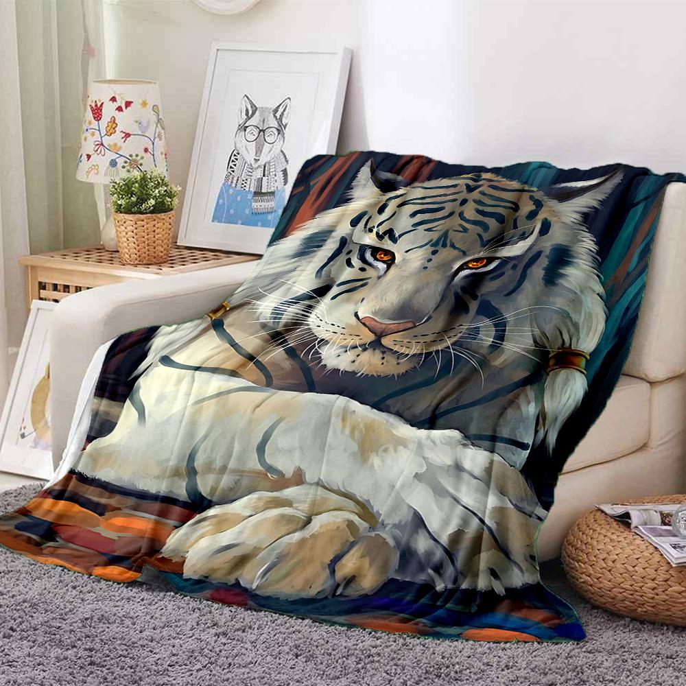 1pc White Tiger Print Blanket Lightweight Blanket Throw Blanket For Sofa, Bed, Travel, Camping, Livingroom, Office, Couch, Chair Yy251010047