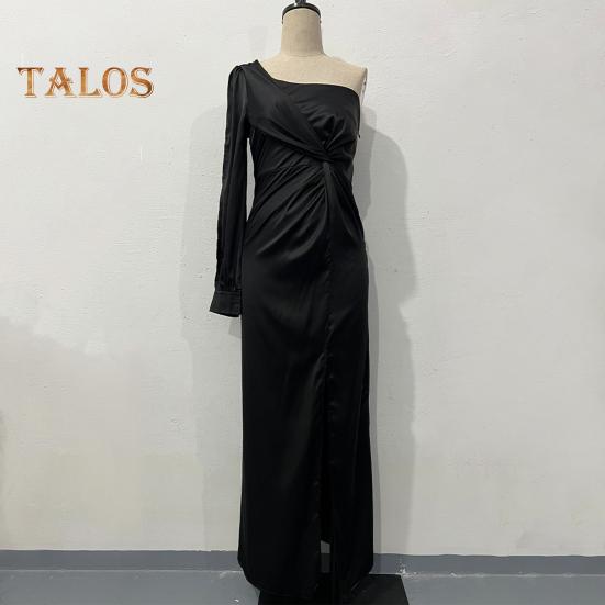 Lady Evening Dress One Shoulder Single Open Sleeve Split Hem Solid Color Slim Waist Pleated Knot Decor Solid Color Prom Cocktail Party Maxi Dress