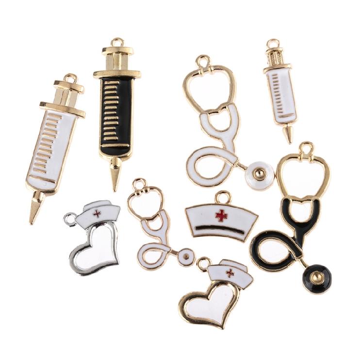 9x Stethoscope Syringe Nurse Cap Hat Charm Nurse Theme Pendant Charms for DIY 1