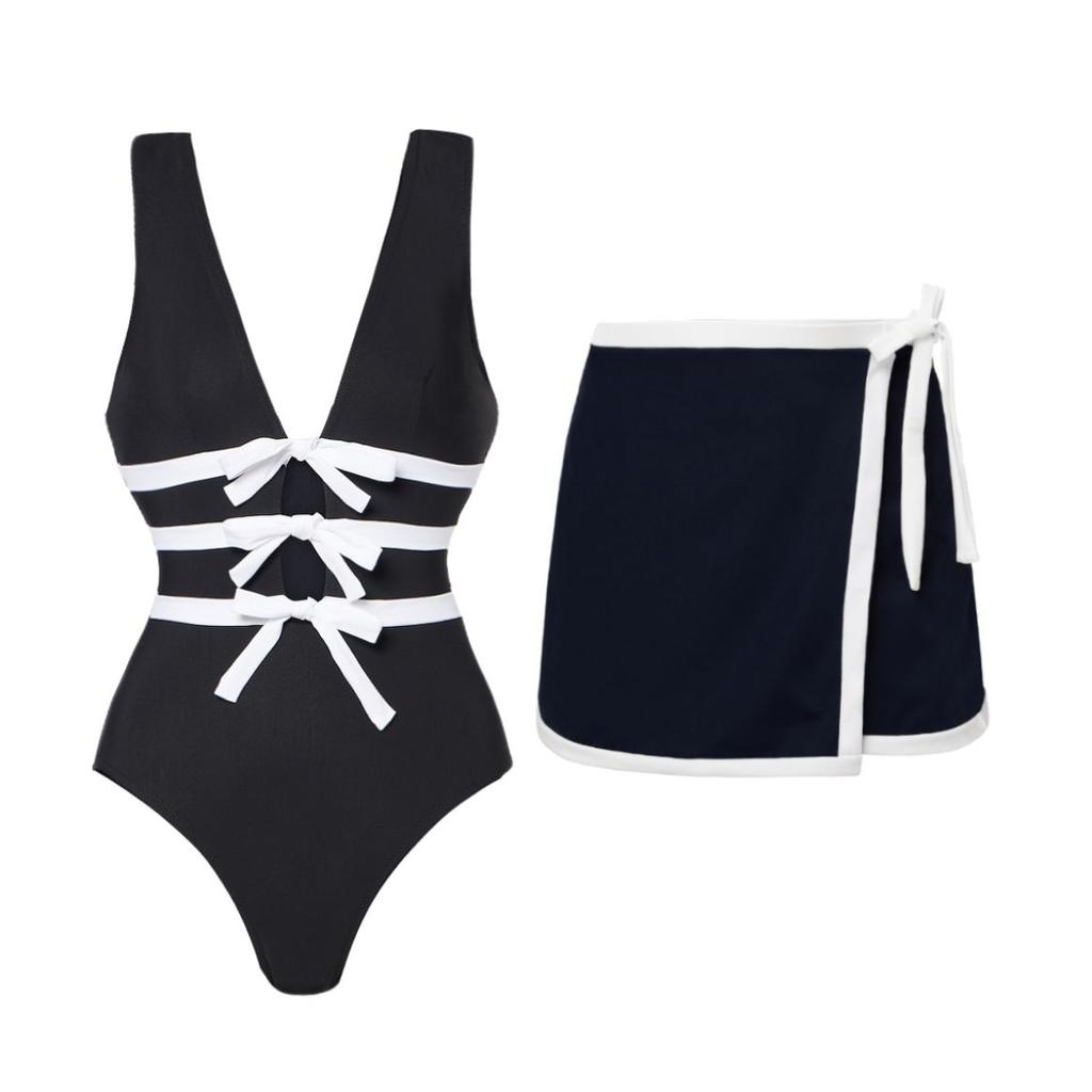 1011 European and American Swimwear New V-neck Bow Hollow Black and White One-piece Swimsuit Suit Women 11191