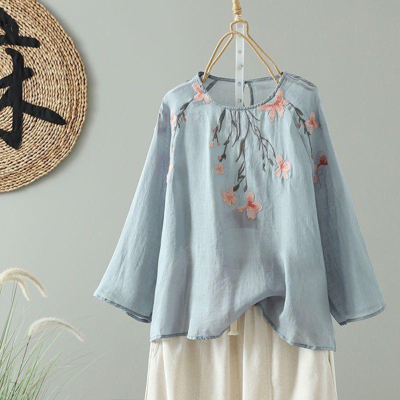 Cotton and linen embroidered blouse long-sleeved shirt women's summer new fashion and light loose casual large-size cotton and linen top