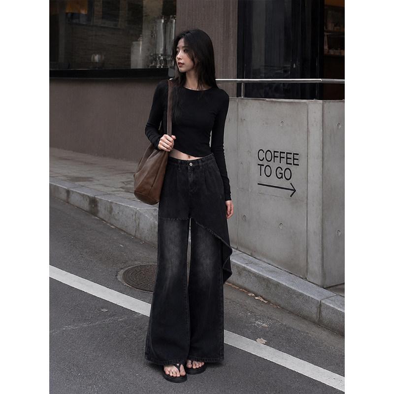 Design sense niche black jeans women's summer new high waist drape floor pants irregular cut wide leg pants