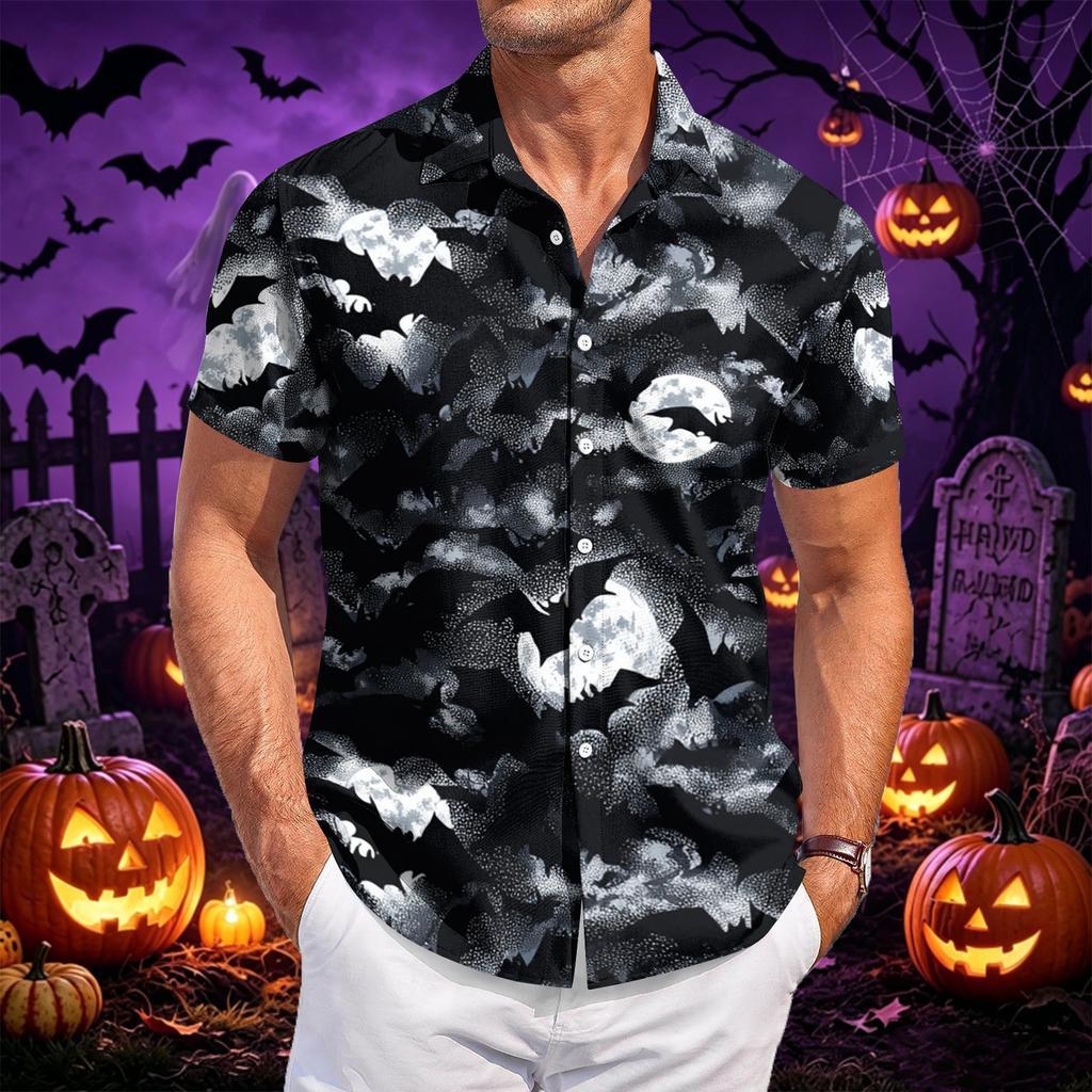 Men's Casual Short Sleeve Shirt Button Down Lightweight Breathable Fabric Halloween Bat Print Shirt for Summer Beach Party