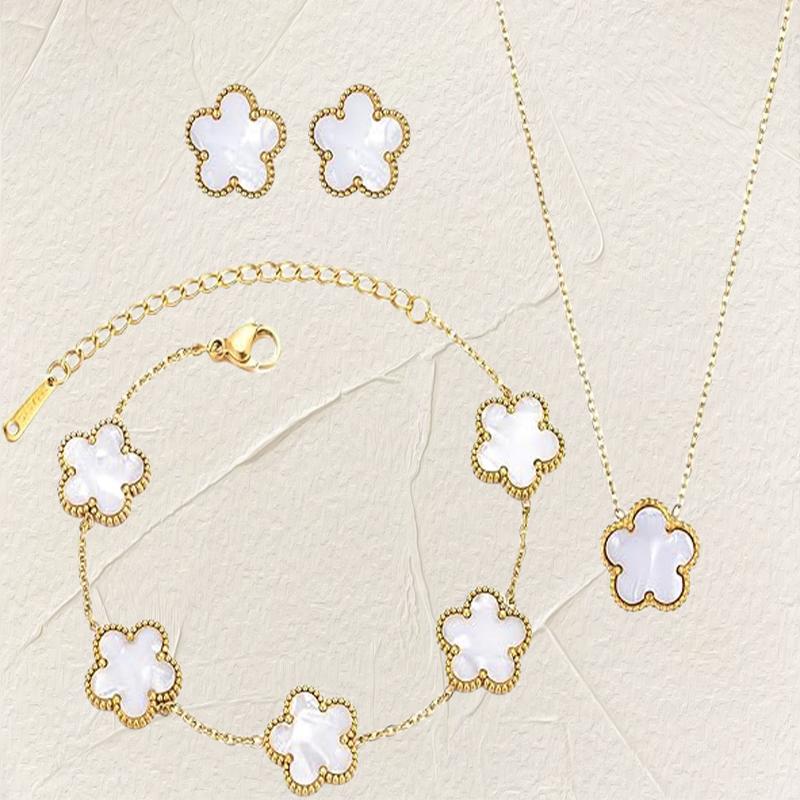 Luxury Zircon Set for Women copper Color Chain Stainless Steel Double Sided Five Leaf Flower Necklace Earrings Bracelet Clover