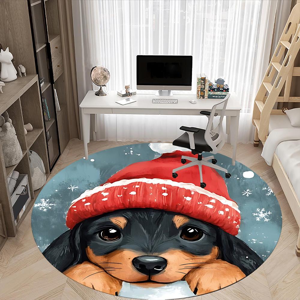 1pc Winter Pup Office Round Area Rug, Indoor Mat Suitable ForOffice, Under Office Chairs Bedroom Living Room Home Decor T196