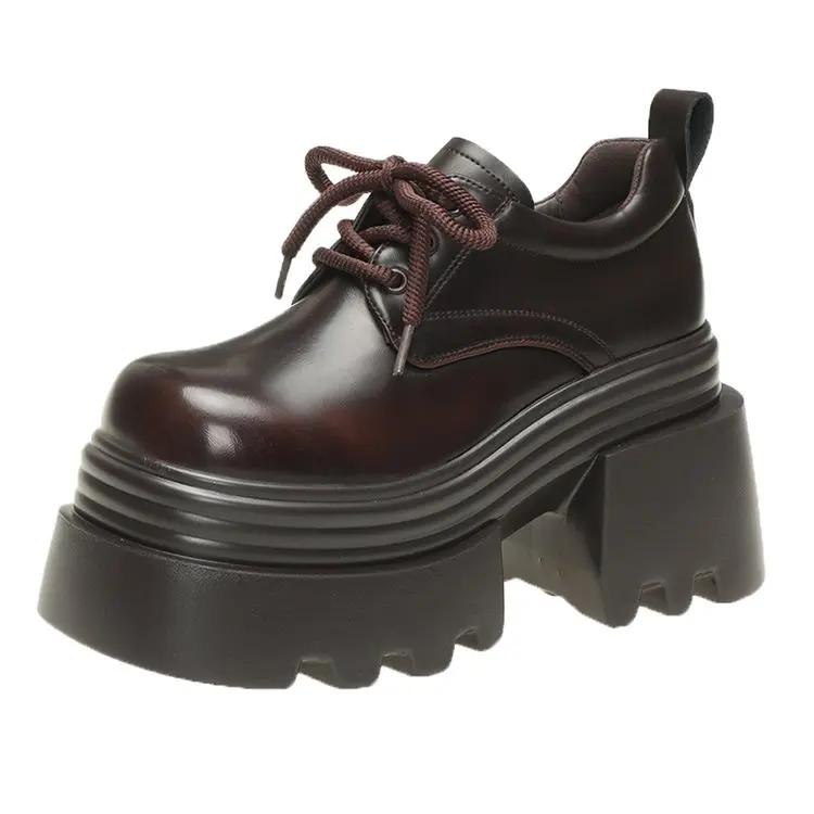 Fashion 10cm New 2025 Spring Women's Leather Sneakers High Platform Lace-up Casual Shoes Thick Sole Heels Walking Shoes Zapatos Mujer