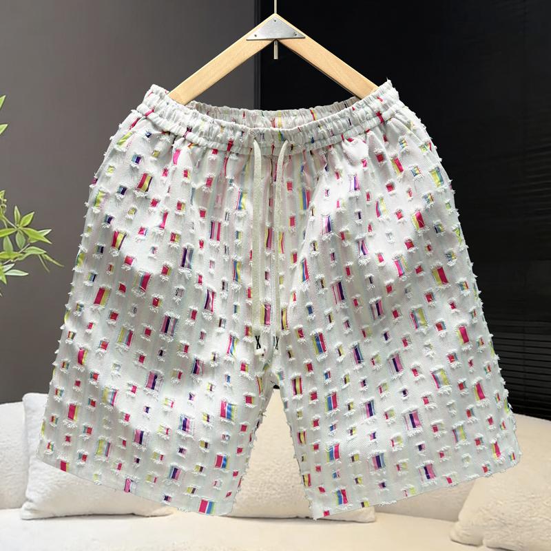 

Men s Plus Size Distressed Colorful Print Shorts, Elastic Waist Drawstring Casual Shorts (5XL-11XL) 11XL(155kg-165kg) білий