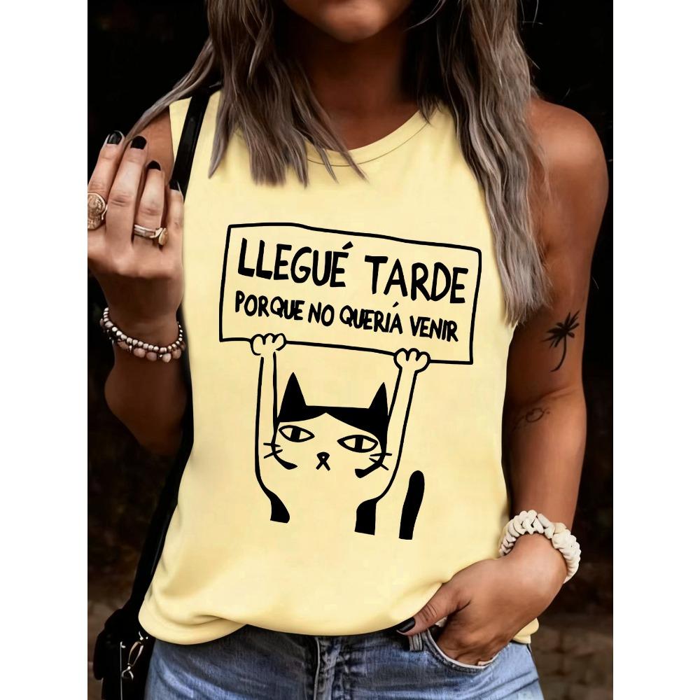 Fun cartoon cat tag printed vest, humorous design women's printed vest