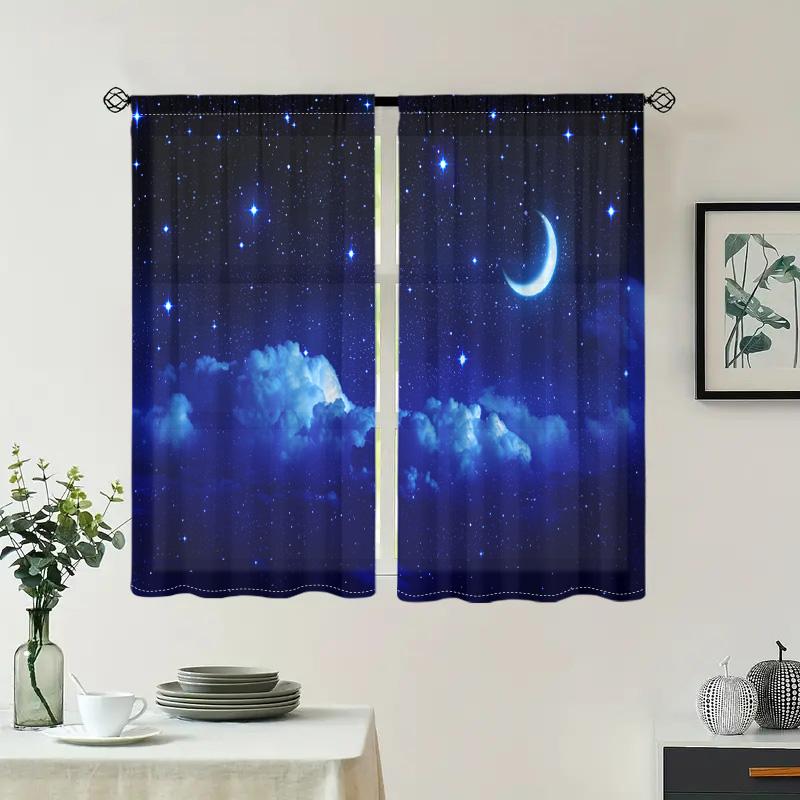 2 Pieces, Galaxy Moon Star Curtains - Rod Pocket Semi Transparent Curtains - Living Room, Bedroom, Kitchen, Home Decoration