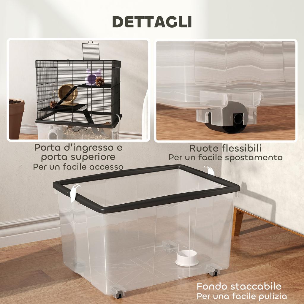 Gabbia per criceti a 3 piani con ruote, 2 piattaforme, rampe, ciotola e beverino, 58x43x74 cm, Nera