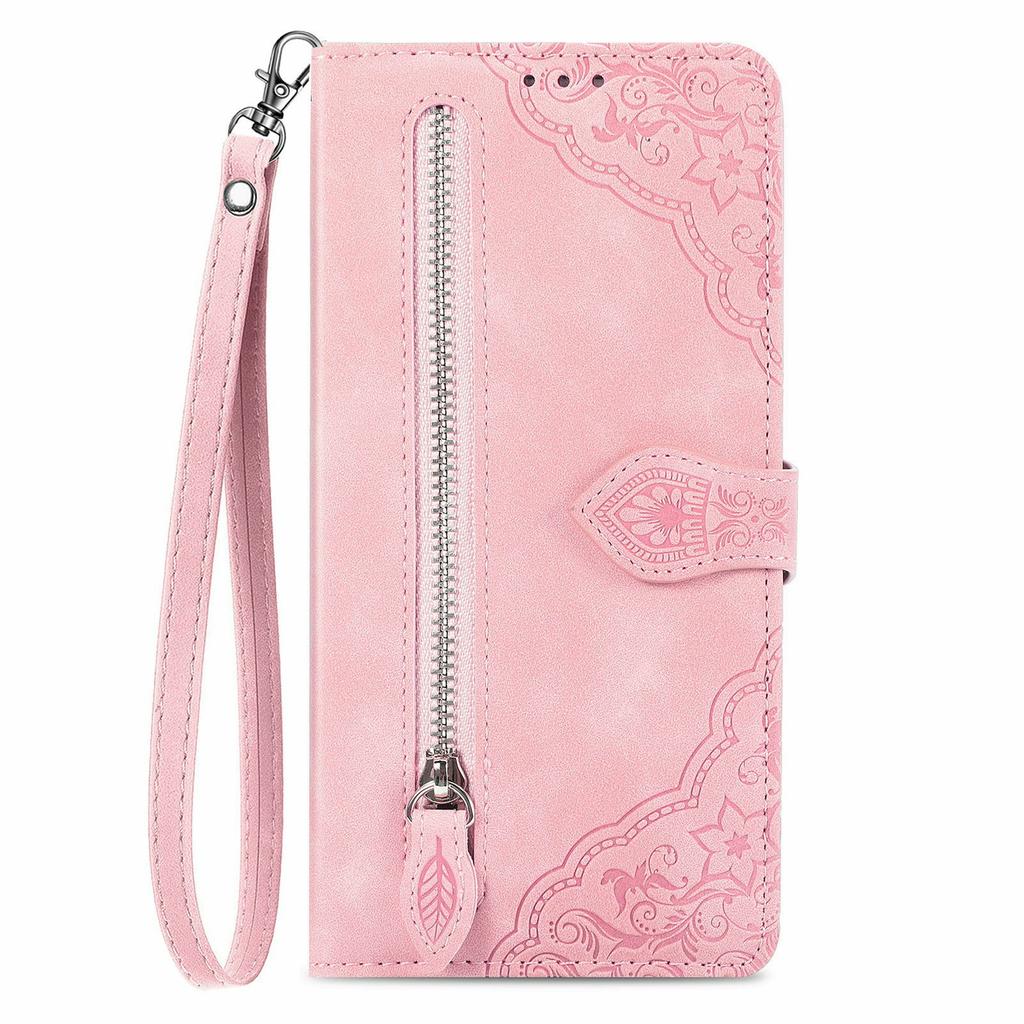 For Motorola Moto G86 Power 5G Zipper Wallet Case with Strap Flower Imprint PU Leather Phone Cover