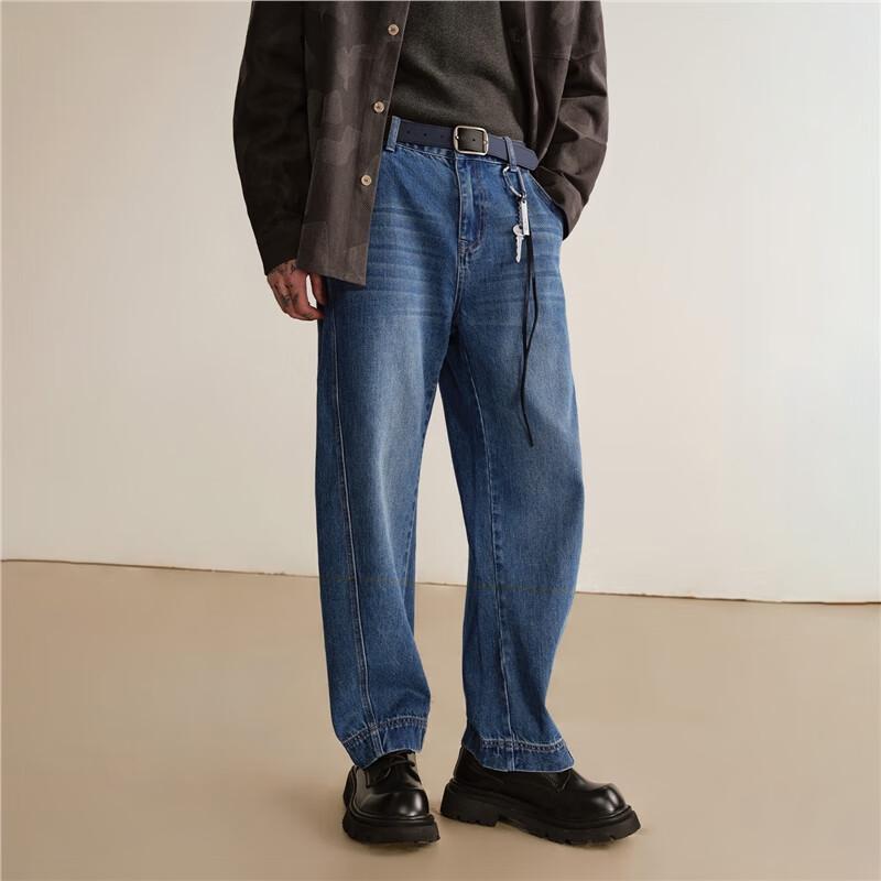 GIORDANO Herren Vintage Gewaschene Lockere Gerade Jeans