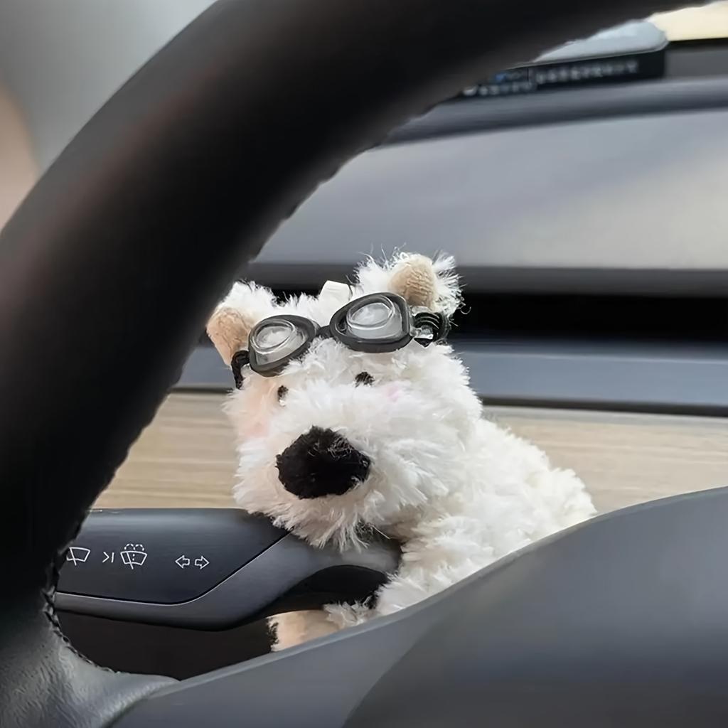 Fluffy Dog Dashboard Toy White Polyester Car Interior Accessory Auto Decor Gift
