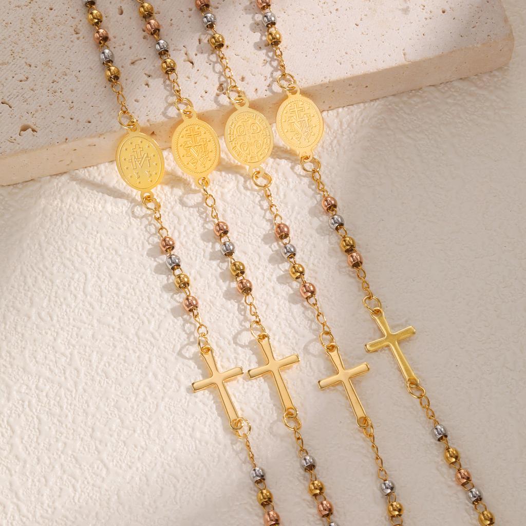 Heiliges dreifarbiges Rosenkranz-Kreuz-Armband für Damen, Edelstahl Goldfarbe Benedikt Runde Perlen Armbänder, Christentum Schmuck