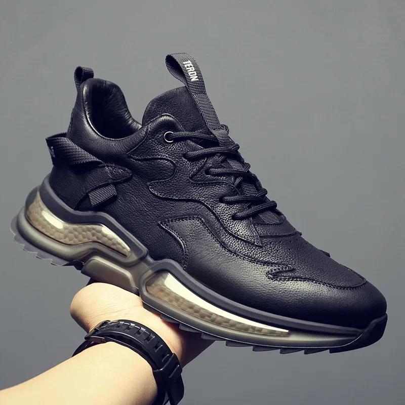 New Shoes for Men Genuine Leather Casual Sport Shoes Youth Autumn Cool Comfortable Sole Black Leather Sneakers