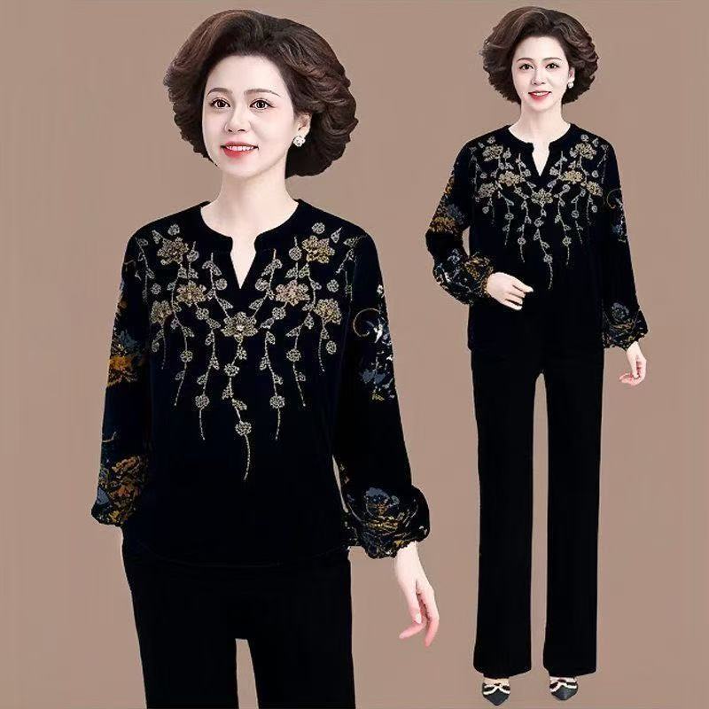 Autumn Women's Plus-Size Velvet Blouse Loose V-Neck Pullover T Shirt Embroidered Flocked Velvet Blouse