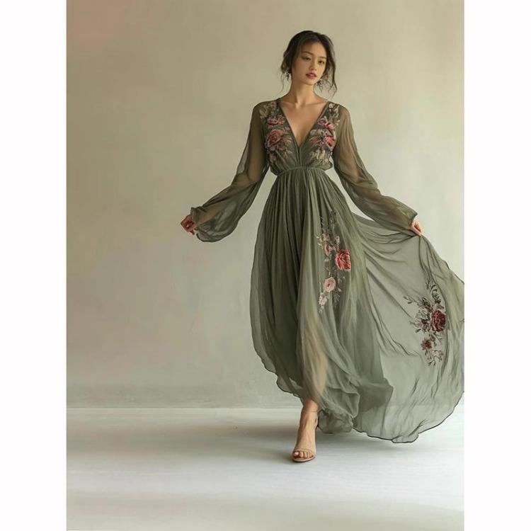 Floral Print Maxi Dress Women Long Sleeve V Neck High Waist Loose Party Dress Sexy Hollow Spring