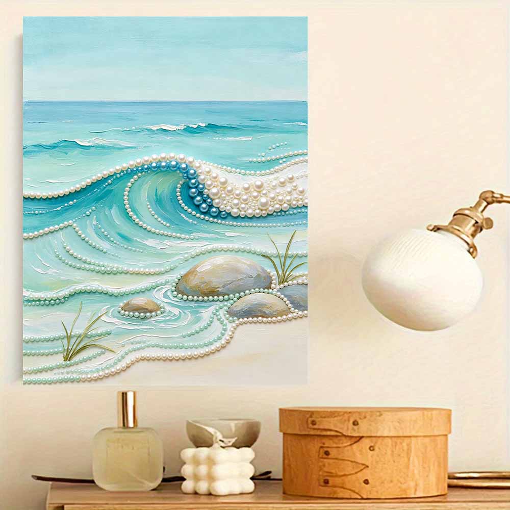 Frameless Pearl Painting DIY Kit Ocean Wave and Sea Stones 3D Sparkling Bead Canvas Relaxing Creative Craft for Art Lovers