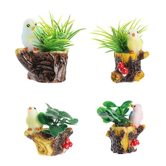 Miniatur-Feengarten-Zubehör Mini Harz Baumstumpf Figur mit Vogel Und Künstliche Pflanzen für DIY Moos-Terrarien Basteln Heimdekoration