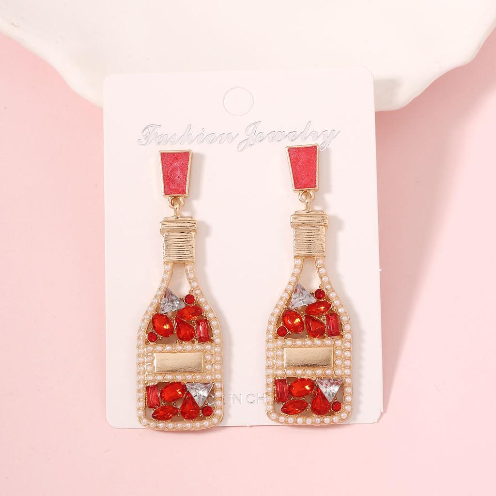 Holiday Style Versatile Temperament Diamond Set Oil Drop Fashion Imitation Pearl Wine Bottle Shape Perfume Bottle Earrings