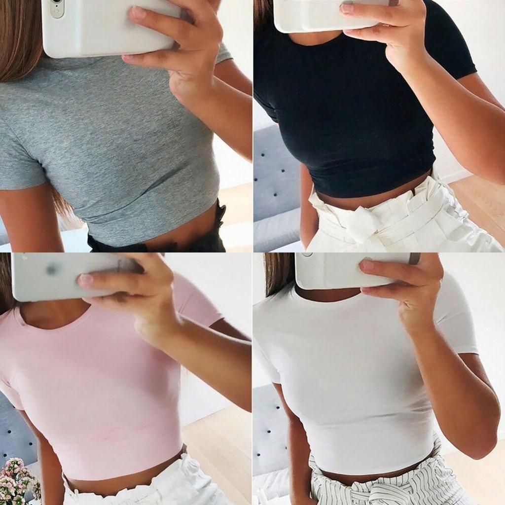 Elegant Women Summer Beach Short Sleeve Blouse T-shirt Slim Fit Crop Tank Top
