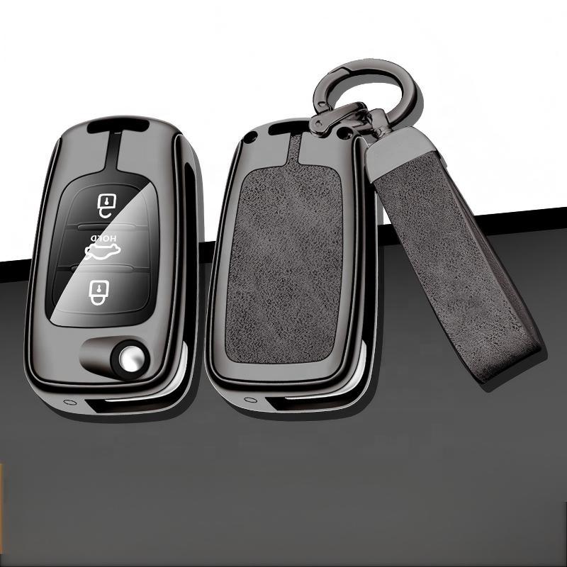 Fully Covered Flip Key Folding Key Cover case Metal Leather Car Remote Key Fob Cover Bag with Car Key Chain for Hyundai Kia